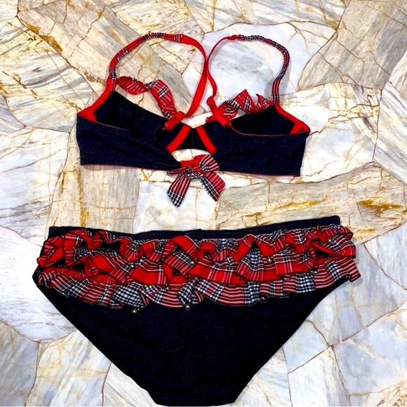 2 Pc Set 34B Bra Large Panty Bikini Gray Black Red Plaid Trim Bow Jingle Bells